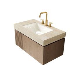 MURI 36" Bathroom Vanity&Sink, Floating Plywood Storage Cabinet with Drawer&Door, Roma Travertine Sintered Stone Top&Ceramic Basin with 3 Pre-drilled Faucet Holes, Pre-assembled, Heidelberg Woodgrain