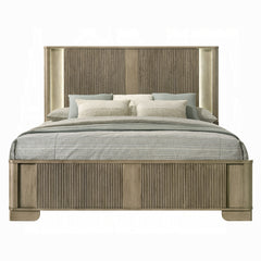 1pc Transitional Style Queen Bed with LED Light Headboard Antique Oak Finish Solid Wood Rustic Bedroom Furniture