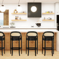 Americana Mid-Century Modern 30.5" Cane Back Bar Stool, Jet Black