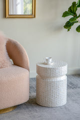 14x14x18" Round Wooden Accent Stool with White Capiz Finish