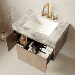 MURI 30" Bathroom Vanity&Sink, Floating Plywood Storage Cabinet with Drawer&Door, Light Gray Sintered Stone Top&Ceramic Basin with 3 Pre-drilled Faucet Holes, Pre-assembled, Heidelberg Woodgrain Color