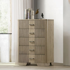 1pc Transitional Style Chest with 5x Storage Drawers Reeded Front Antique Oak Finish Wooden Rustic Bedroom Furniture