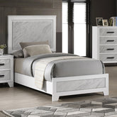 Contemporary White Color 1pc Twin Size Bed Beautiful Faux Marble Look Panel Headboard FB Bedroom Furniture Rubber wood