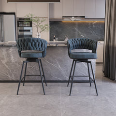 26" Bar Chair Suede Woven Bar Stool Set of 2,Black legs Barstools No Adjustable Kitchen Island Chairs,360 Swivel Bar Stools Upholstered Bar Chair Counter Stool Arm Chairs with Back Footrest (Blue)