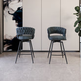 26" Bar Chair Suede Woven Bar Stool Set of 2,Black legs Barstools No Adjustable Kitchen Island Chairs,360 Swivel Bar Stools Upholstered Bar Chair Counter Stool Arm Chairs with Back Footrest (Blue)