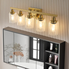 31" Golden 5-Light Vanity Light with Clear Glass Shades, Modern Iron Metal Bathroom Wall Fixture for Mirror, Ideal for Bathroom and Dressing Table (No Bulbs)