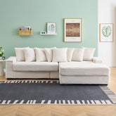 111.4 "Beige flannelette sofa, elegant shelter choice - living room, bedroom, office ideal companion, with eight exquisite throw pillows, more warm and cozy. Matching foot design.
