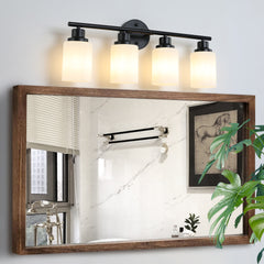24" Modern 4-Light Vanity Bathroom Mirror Light, Frosted White Glass with Black Iron Frame, Contemporary Wall Sconce for Bedroom, Bathroom, And Dressing Room (Bulb Not Included)