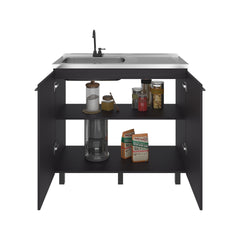 Napoles Utility Sink Complete with Faucet, Freestanding Base with Legs and Deep Stainless Steel Basin, Modern Multi-Purpose Sink for Kitchen, Laundry or Utility Room, Black + Dark Walnut
