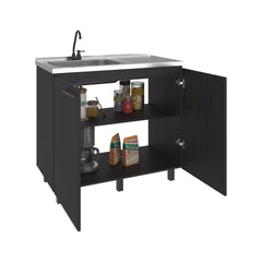 Napoles Utility Sink Complete with Faucet, Freestanding Base with Legs and Deep Stainless Steel Basin, Modern Multi-Purpose Sink for Kitchen, Laundry or Utility Room, Black + Dark Walnut