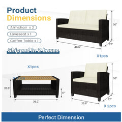 4-Piece All Weather Wicker Outdoor Patio Conversation Set with Beige Cushions and Accacia Wood Table