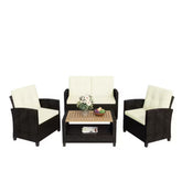 4-Piece All Weather Wicker Outdoor Patio Conversation Set with Beige Cushions and Accacia Wood Table