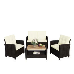 4-Piece All Weather Wicker Outdoor Patio Conversation Set with Beige Cushions and Accacia Wood Table