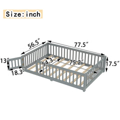 Full Size Bed Floor Bed with Safety Guardrails and Door for Kids, Gray