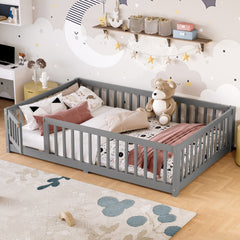 Full Size Bed Floor Bed with Safety Guardrails and Door for Kids, Gray