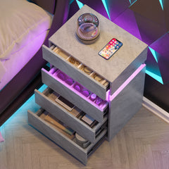 Nightstand with LED Lights, Adjustable Light Colors, Bedside Table, Side Table with 4 Drawers, Modern Style,Grey