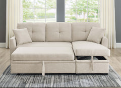 76.5" Linen Blend Upholstered Sectional with Pull-Out Bed and Chaise Storage