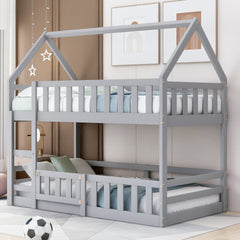 Twin over Twin House Bunk Bed with Fence and Door, Gray(Old SKU:WF313047AAE)