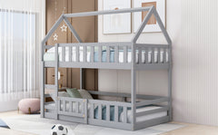 Twin over Twin House Bunk Bed with Fence and Door, Gray(Old SKU:WF313047AAE)