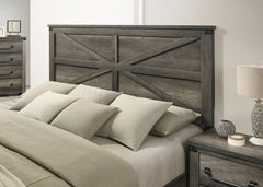 Rustic Gray 3pc Set Eastern King Size Bed 2x Nightstands Unique Design Headboard Bedroom Furniture Metal Accents