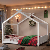 Queen House Floor Bed with Support Slats, Solid Wood House Bed Frame for Kids, No Box Spring Needed and Opening Constructure, White