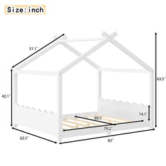 Queen House Floor Bed with Support Slats, Solid Wood House Bed Frame for Kids, No Box Spring Needed and Opening Constructure, White
