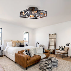 20'' Square Fabric Farmhouse Flush Mount Ceiling Fan .Bladeless Ceiling Fan 6 Speed Reversible with Remote Control,Flush Mount Ceiling Fan for Bedroom, Living Room--NOT Included Bulbs--Matte Black