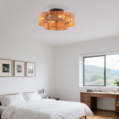 20" Double Tier Rope Caged Flush Mount Ceiling Fan with Light Kit (NOT INCLUDED BULBS) ,With Remote Control, Low Profile Chandelier 6 Speed DC Motor Reversible Ceiling Fan For Living Room Bedroom.