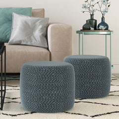 Bayley 20 inch Wide Round Pouf in Aegean Blue and Natural Braided Cotton