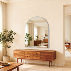 30x36 Inch Silver Metal Framed Arched Bathrrom Mirror for Wall.