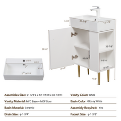 21.6" Open-Shelving Vanity with Ceramic Sink and Soft-Close Door, Cloakroom Storage Cabinet on Right Side, Assembly Required, White Finish. 24VB06-21WHR CONTACT SELLER FOR STOCK-W1920S00188