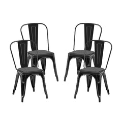 Set of 4 High Gloss Black Industrial Metal Dining Chairs 18 Inch Seat Height Stackable Indoor Outdoor, Lightweight Easy-Clean Surface, Easy Assembly, Durable Modern Design, For Kitchen Cafe Bar