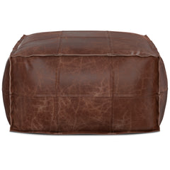 Sheffield 26 inch Wide Square Coffee Table Pouf in Distressed Brown Genuine Leather