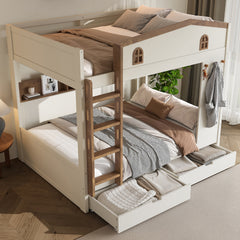 Queen over Queen Bunk Bed with Storage Drawers and Shelves, Solid Wood Bunk Beds with hooks, No Box Spring Needed, Beige&Natural