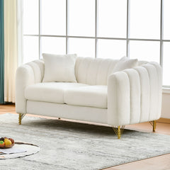 61" Chenille Loveseat Sofa,Luxury 2 Seater Deep Couch,Modern Tufted Couch, Gold Metal Legs Sofa for Living Room, Bedroom, Apartment (White)