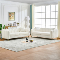 Oversized Chenille Sofa,Luxury 3 Seater +3 Seater Deep Couch,Modern Tufted Couch, Gold Metal Legs Sofa for Living Room, Bedroom, Apartment (White)