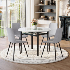Table and chair set.42 inch modern minimalist white desktop round dining table set.Paired with 4 Light Gray Linen Dining Chairs With Curved Widened Cushion. Suitable for dining rooms,office,etc.