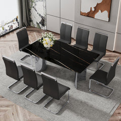 Table and chair set.The table has a glass top with imitation marble pattern stickers and stainless steel silver legs.Paired with 8 Black PU Chairs with Silver C-tube Metal Leg.