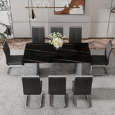 Table and chair set.The table has a glass top with imitation marble pattern stickers and stainless steel silver legs.Paired with 8 Black PU Chairs with Silver C-tube Metal Leg.