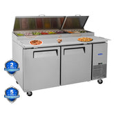 Orikool 67 IN Commercial Pizza Prep Table with a Built-in Refrigerator 20.3 Cu.Ft, Butcher Block Cutting Board, Protection Lid, Cold Storage, and Smooth-Rolling Casters, ETL Certified