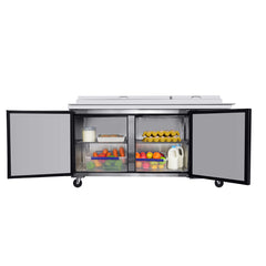 Orikool 67 IN Commercial Pizza Prep Table with a Built-in Refrigerator 20.3 Cu.Ft, Butcher Block Cutting Board, Protection Lid, Cold Storage, and Smooth-Rolling Casters, ETL Certified