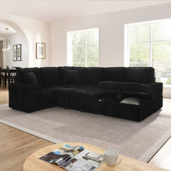 Corduroy Striped Upholstered Sofa, Modern Minimalist U-shaped combination sofa, Pull - out Bed & Storage Chaise, Seat Soft Couch - Black (Assembly is required)