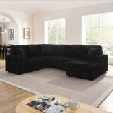 Corduroy Striped Upholstered Sofa, Modern Minimalist U-shaped combination sofa, Pull - out Bed & Storage Chaise, Seat Soft Couch - Black (Assembly is required)