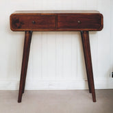 Solid Wood Chestnut Curved Hallway Table, 2-Drawers, Nordic Legs, Dark Brown