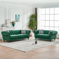 3 Seater & 2 Seater Chesterfield velvet upholstery fabric Sofa with Roll Armrest & Nailhead,Upholstered Mid Century Modern Couch, 3+2 Seater Couch for Living Room, Office, Apartment, Green