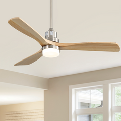 52 Inch Smart Ceiling Fan with Sand Nickel Finish 3 Natural Wood Blades LED 18W Triple Color Dimmable Memory Lighting and Remote Control