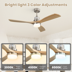 52 Inch Smart Ceiling Fan with Sand Nickel Finish 3 Natural Wood Blades LED 18W Triple Color Dimmable Memory Lighting and Remote Control