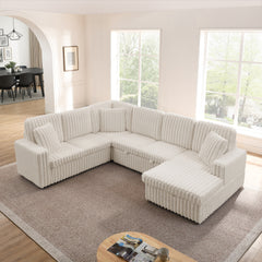 Corduroy Striped Upholstered Sofa, Modern Minimalist U-shaped combination sofa, Pull - out Bed & Storage Chaise, Seat Soft Couch - Beige(Assembly is required)