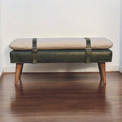 Bouclé Buffalo Hide Olive Green Leather Bench, Nordic Legs,