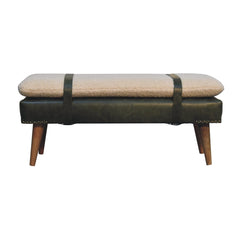 Bouclé Buffalo Hide Olive Green Leather Bench, Nordic Legs,